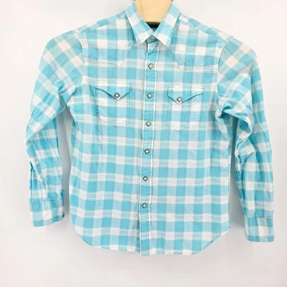 Polo Ralph Lauren Western Shirt Mens L Americana Plaid Prl Snap Turquoise White